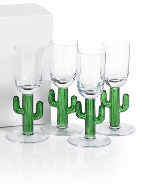 ZODAX Cabo Cactus Shot Glasses Green With Box Set of 4 Pieces New
